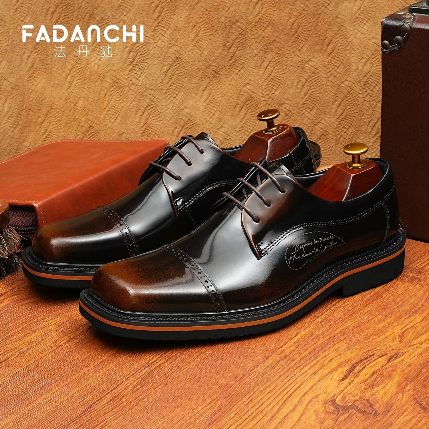 Men's Genuine Leather Derby Shoes, Square Toe, Glossy