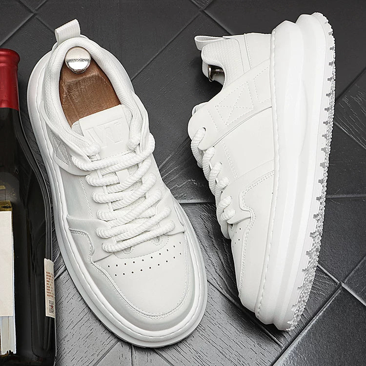 Men's Hidden-Wedge Platform Breathable Lace-Up Low-Top White Sneakers
