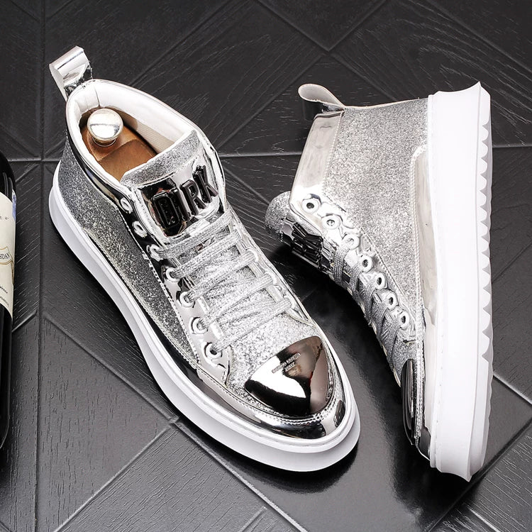 New Ankle Boots Gold Glitter Men's High-Top Casual Shoes Denim Boots Height Increase Martin Boots 3