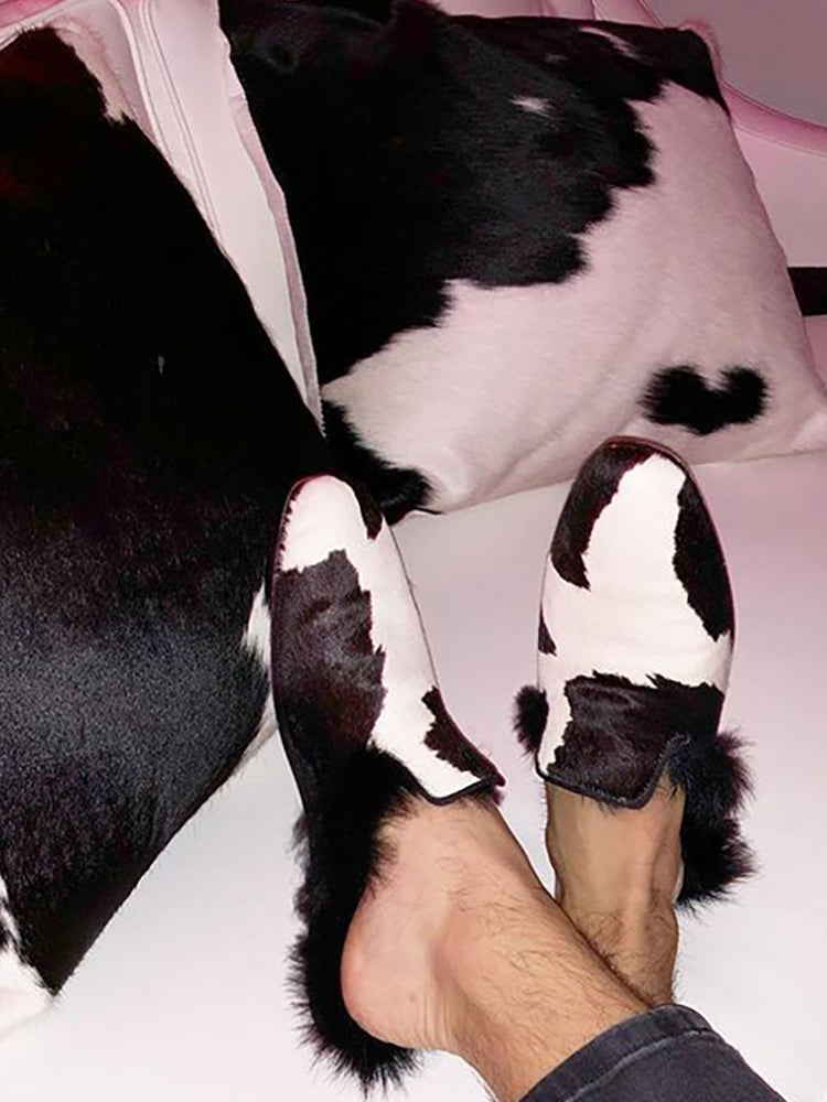 Spring and autumn new imported cow pattern horse hair men's real hair slippers European and American style fashion trend slip-on mule shoes