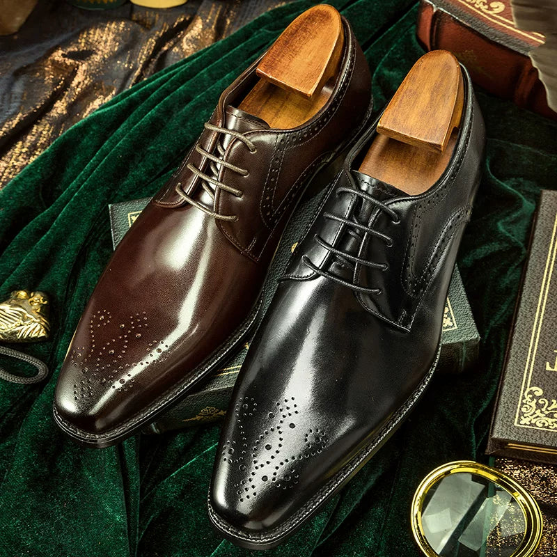 Men's Genuine Leather Wedding Shoes, Square Toe, British Style