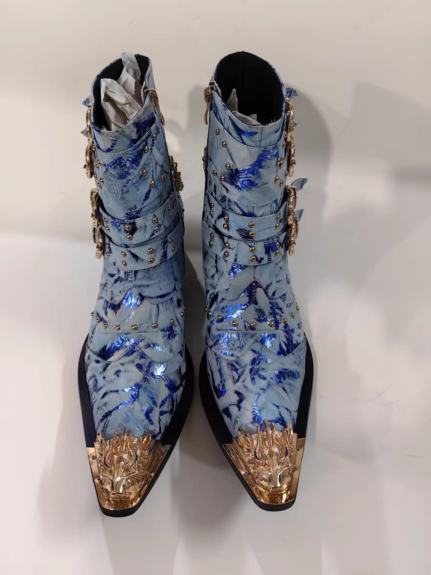 2024 new European and American autumn and winter side zipper solid color men's gold metal square heel winter trend pointed Martin boots large size