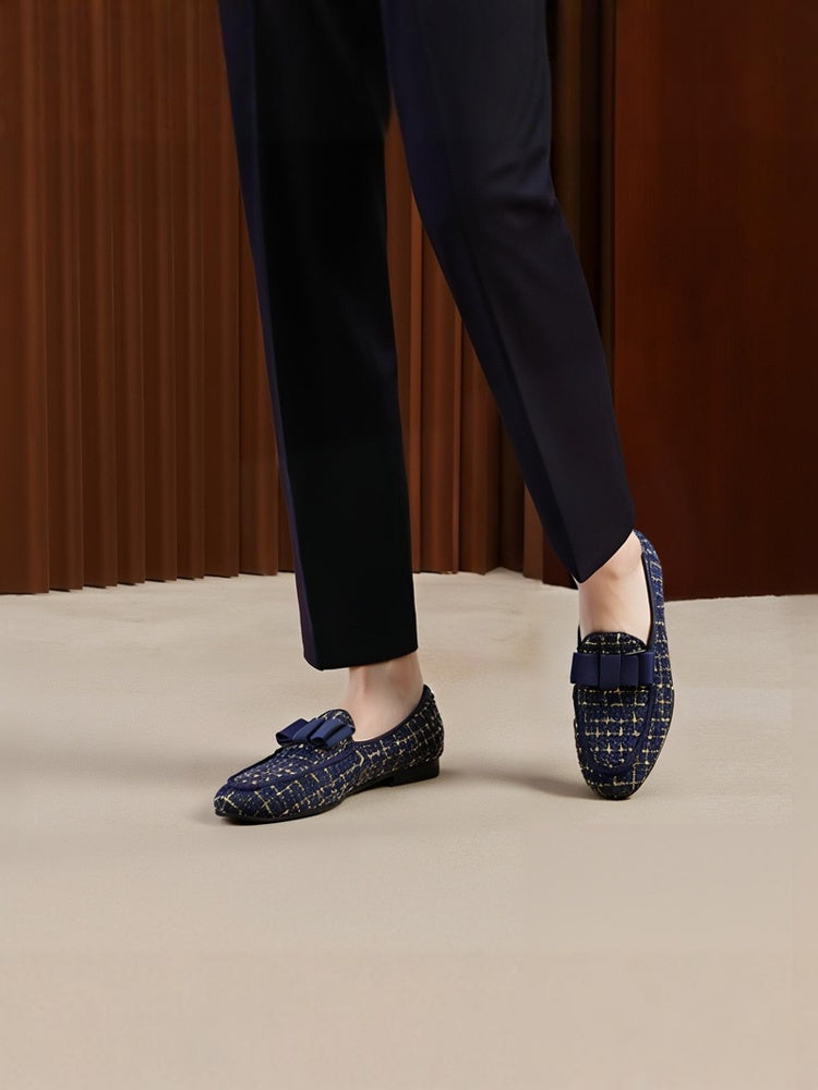 European and American big-name style dark blue knitted fabric men's trendy shoes bow design slip-on loafers smoking shoes large size