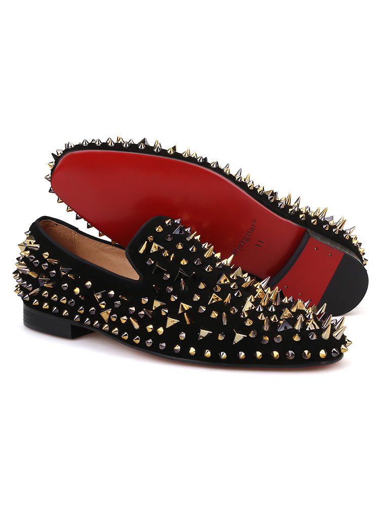 Summer new style black nubuck leather gold and silver two-color rivet men's loafers European and American trendy nightclub slip-on shoes