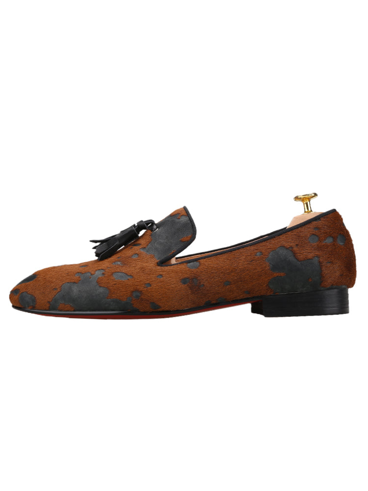 New brown and black horse-haired men's loafers exported to Europe and the United States small square toe tassel smoking shoes red sole shoes