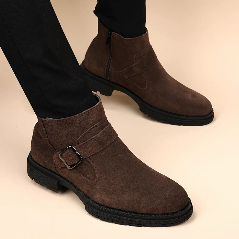 Men's Brown Genuine Leather Martin Boots, Height Increasing, Pointed Toe