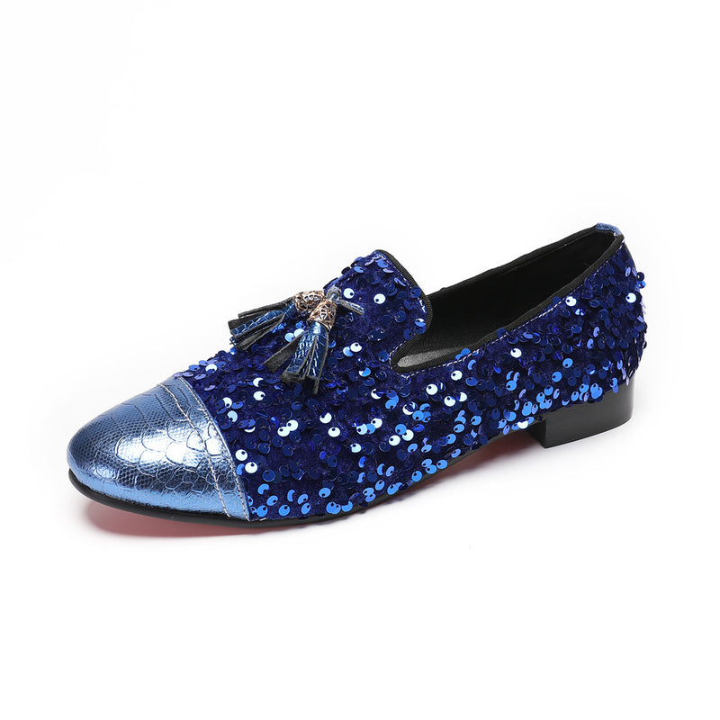 Men's Blue Leather Casual Shoes, Rhinestone Detail