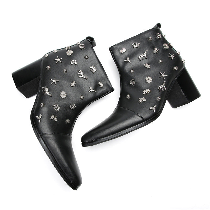Autumn and winter black cowhide Chelsea boots British motorcycle work boots men's pointed toe mid-top zipper trendy cowhide boots for men