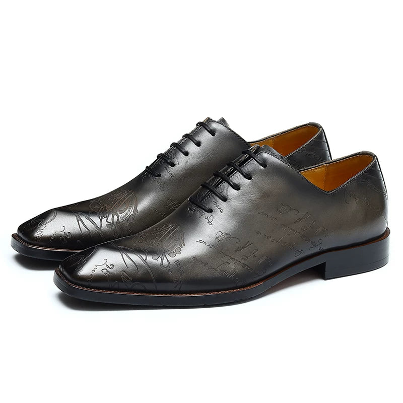 Men's Brown Genuine Leather Oxford Shoes, Square Toe, British Style