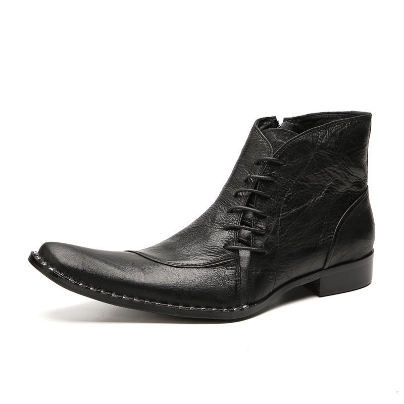British Korean style men's casual high-top leather shoes brogue business sleeves increased short boots pointed toe Martin boots