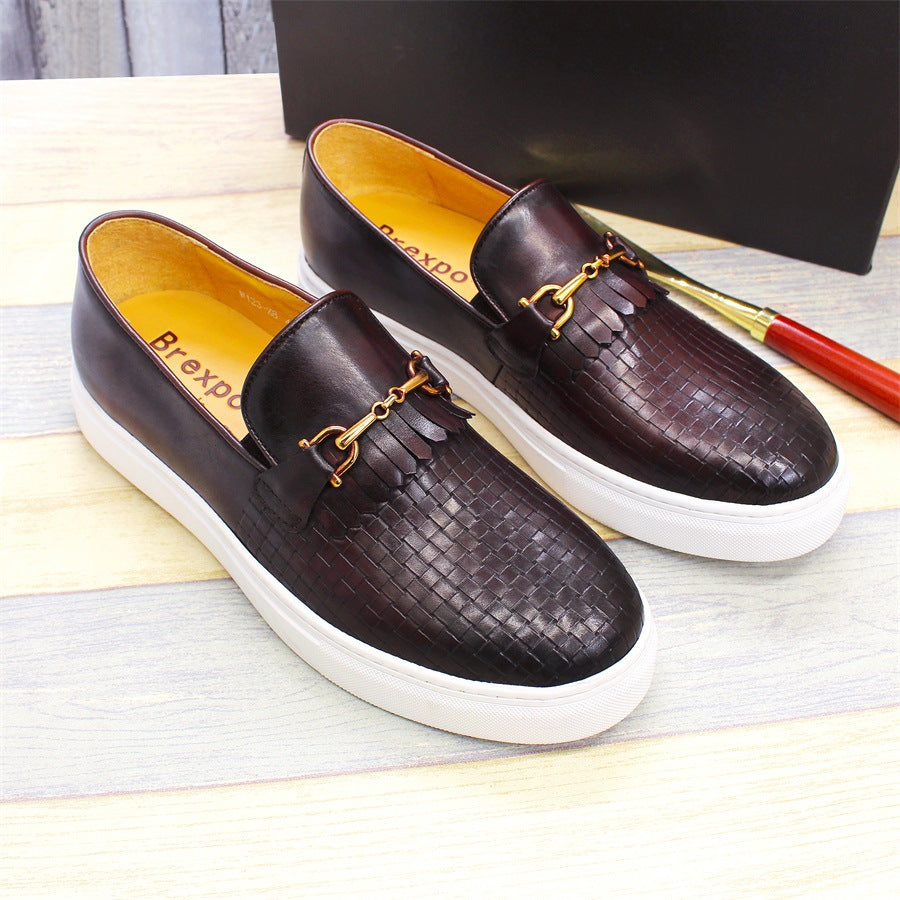 Leather Shoes Men's Leather Casual round Toe Pumps Flat Heel Woven Pattern Handmade Men's Shoes Fashion European and American Style Loafers Men