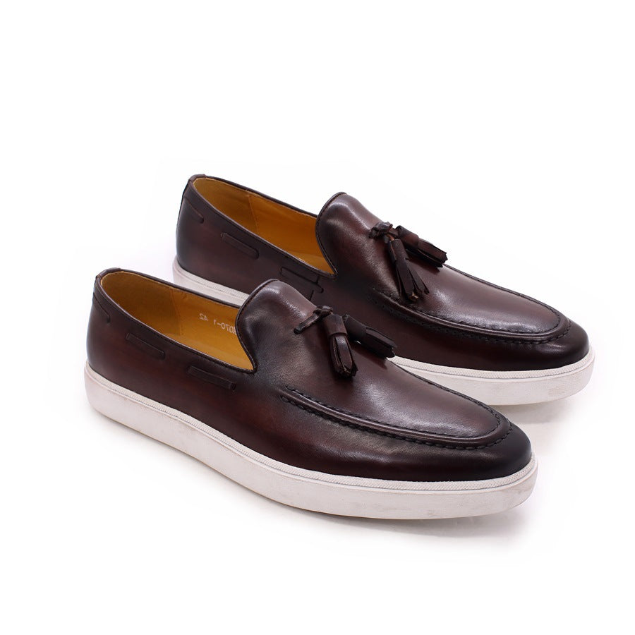 Summer Leather Shoes Men's Casual Leather Shoes Leather Breathable Men's Tassel Loafers Slip-on Daily Flat Sneakers