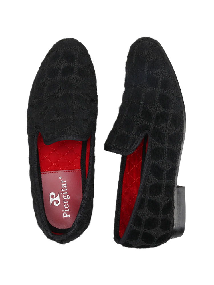 Piergitar's new handmade black velvet plaid men's loafers European and American style trendy banquet slip-on shoes