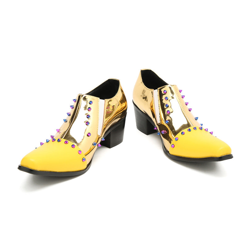 Glossy men's gold breathable casual leather shoes British patent leather trend performance pointed inner height wedding banquet shoes