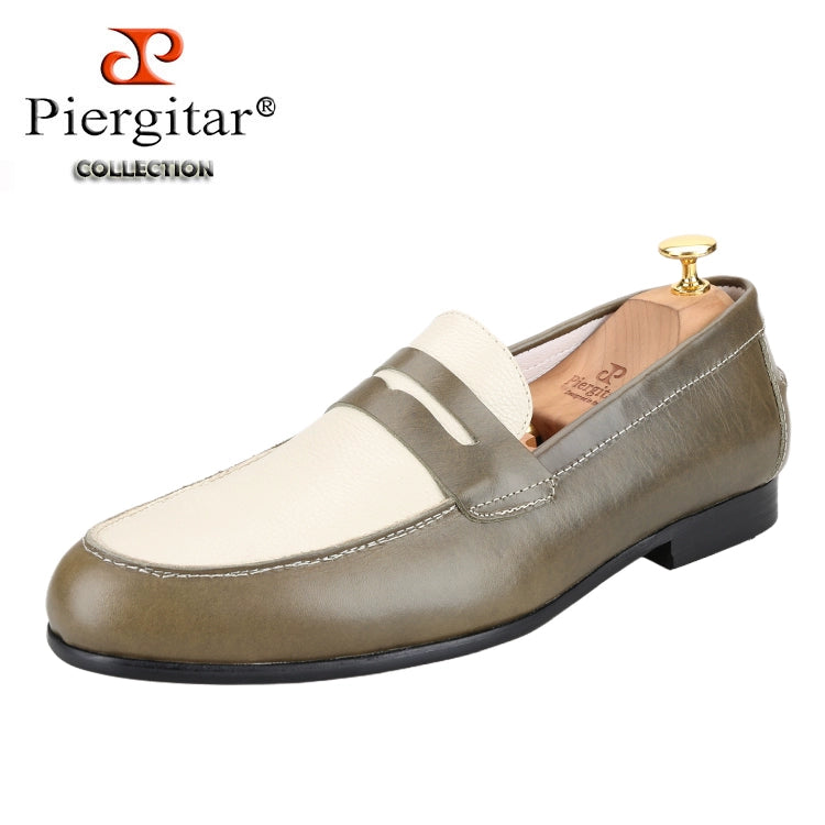 British style handmade custom-made men's casual leather shoes with one foot, black and white splicing cowhide classic penny loafers for men