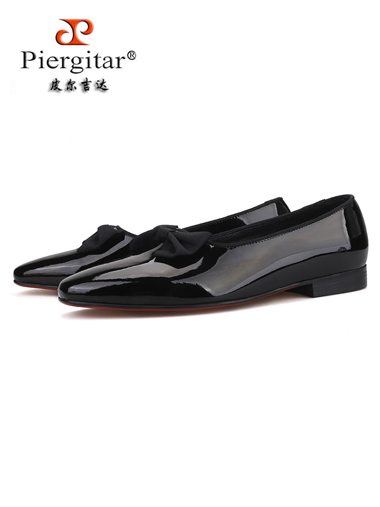 PIERGITAR European and American wedding style men's loafers handmade bow tie with real leather formal fashion shoes