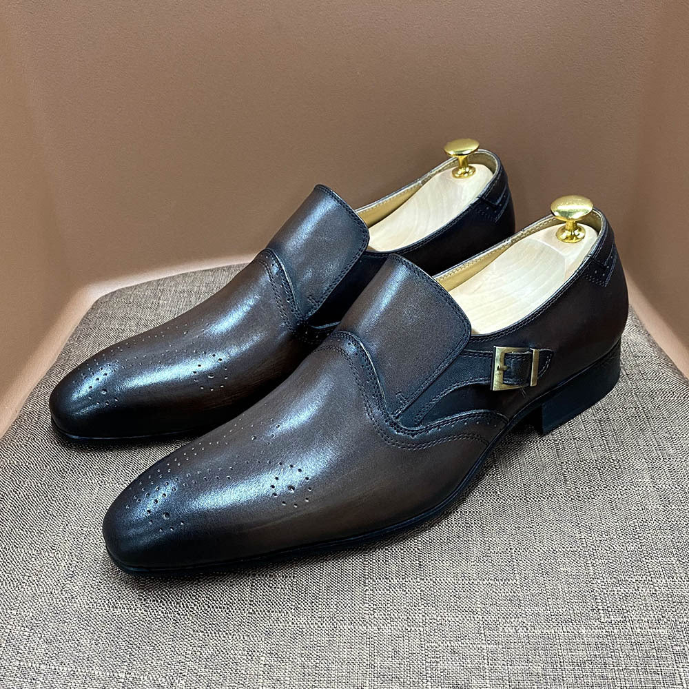 New Men's Pointed Toe Business Casual Men's Shoes Formal Leather Shoes Slip-on British Trend Buckle Men's Shoes Genuine Leather