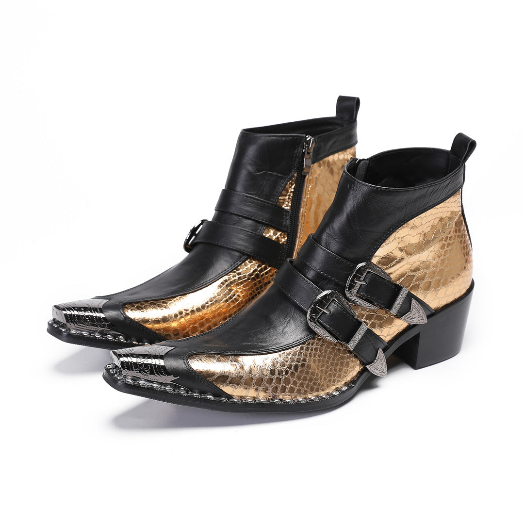 2024 autumn and winter fashion men's shoes fish scales gold glossy pointed leather shoes Korean version hair stylist nightclub performance shoes