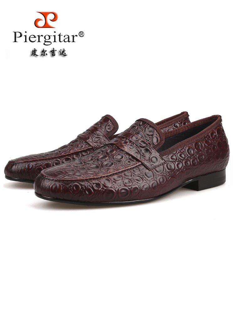 Piergitar spring and summer loafers men's marble embossed cowhide brown slip-on leather shoes British casual men's shoes