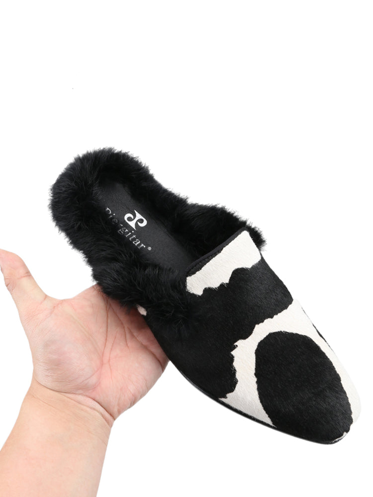 Spring and autumn new imported cow pattern horse hair men's real hair slippers European and American style fashion trend slip-on mule shoes