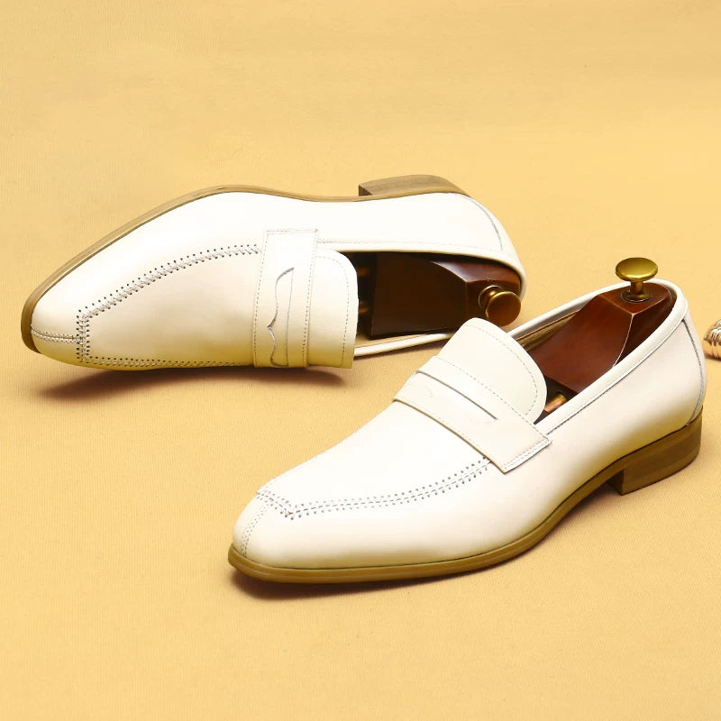 Men's White Genuine Leather Loafers, Slip-On, Business