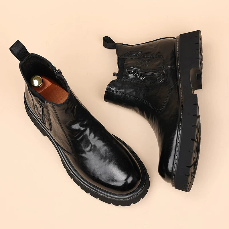 Men's Genuine Leather Martin Boots, Height Increasing, Thick Sole