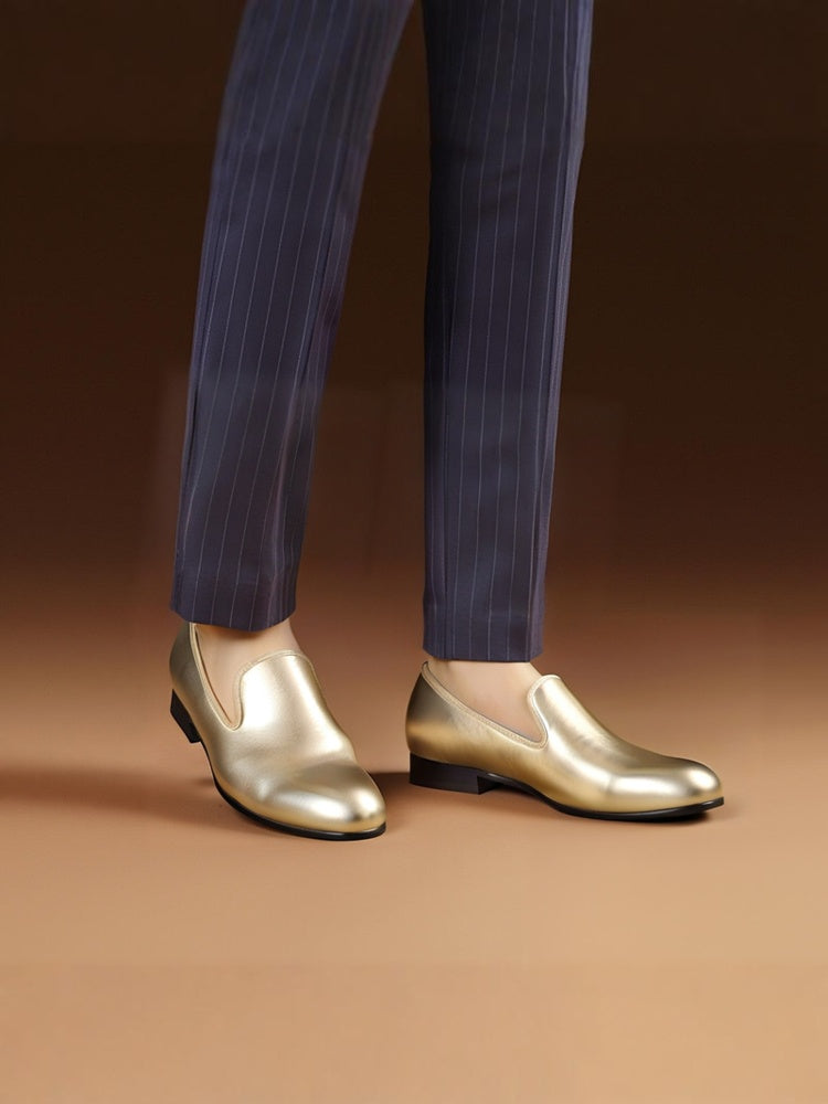 Shiny gold and silver two-color high-end cowhide handmade European and American style loafers, luxury nightclub party slip-on trendy men's shoes