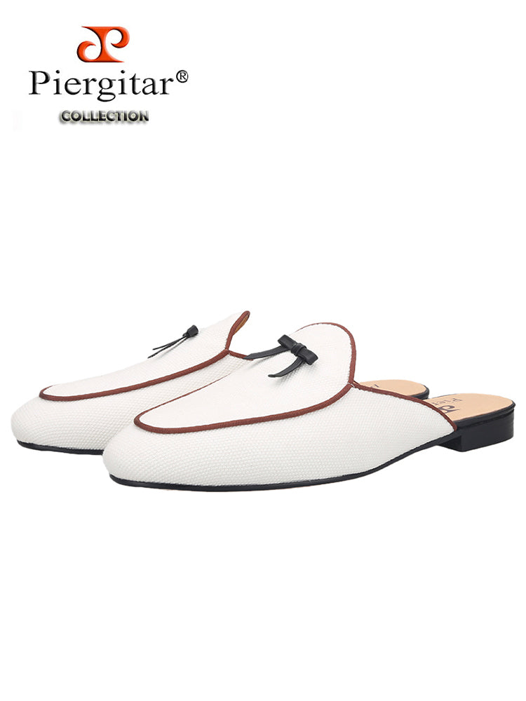 Piergitar's new white canvas small bow tie men's trendy slippers handmade European and American style slip-on loafers