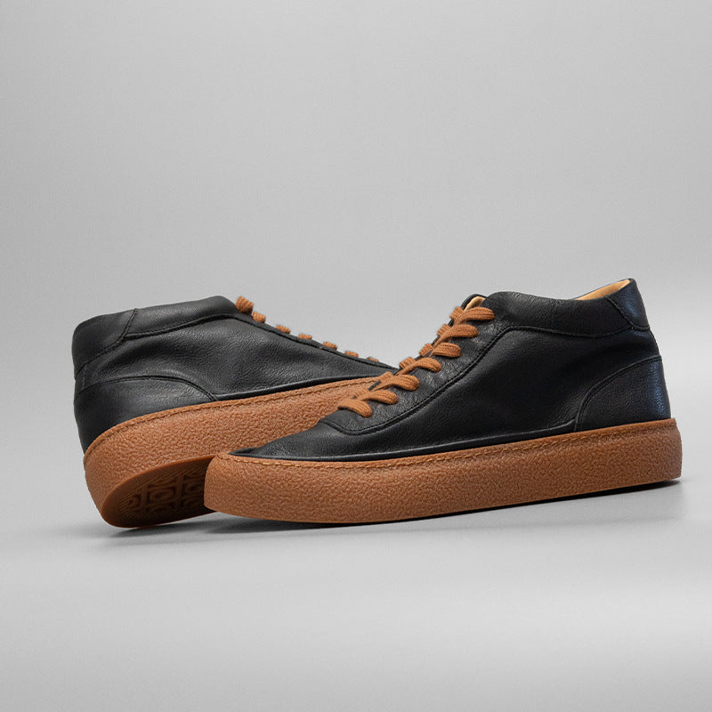 European station 2024 new retro solid color trendy shoes black cowhide sneakers versatile genuine leather mid-top men's casual shoes 4