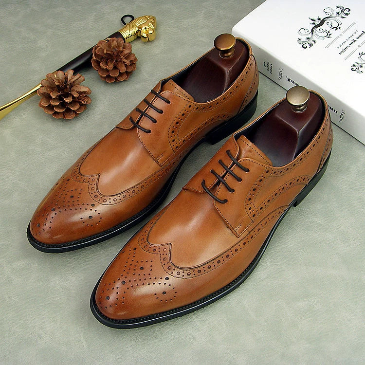 Men's Genuine Leather Wedding Shoes, Pointed Toe, Lace-Up