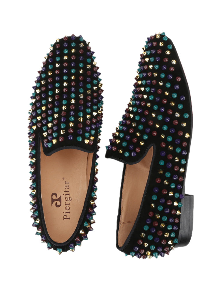 New imported black nubuck leather multi-color rivet handmade loafers European and American fashion party style slip-on trendy shoes for men