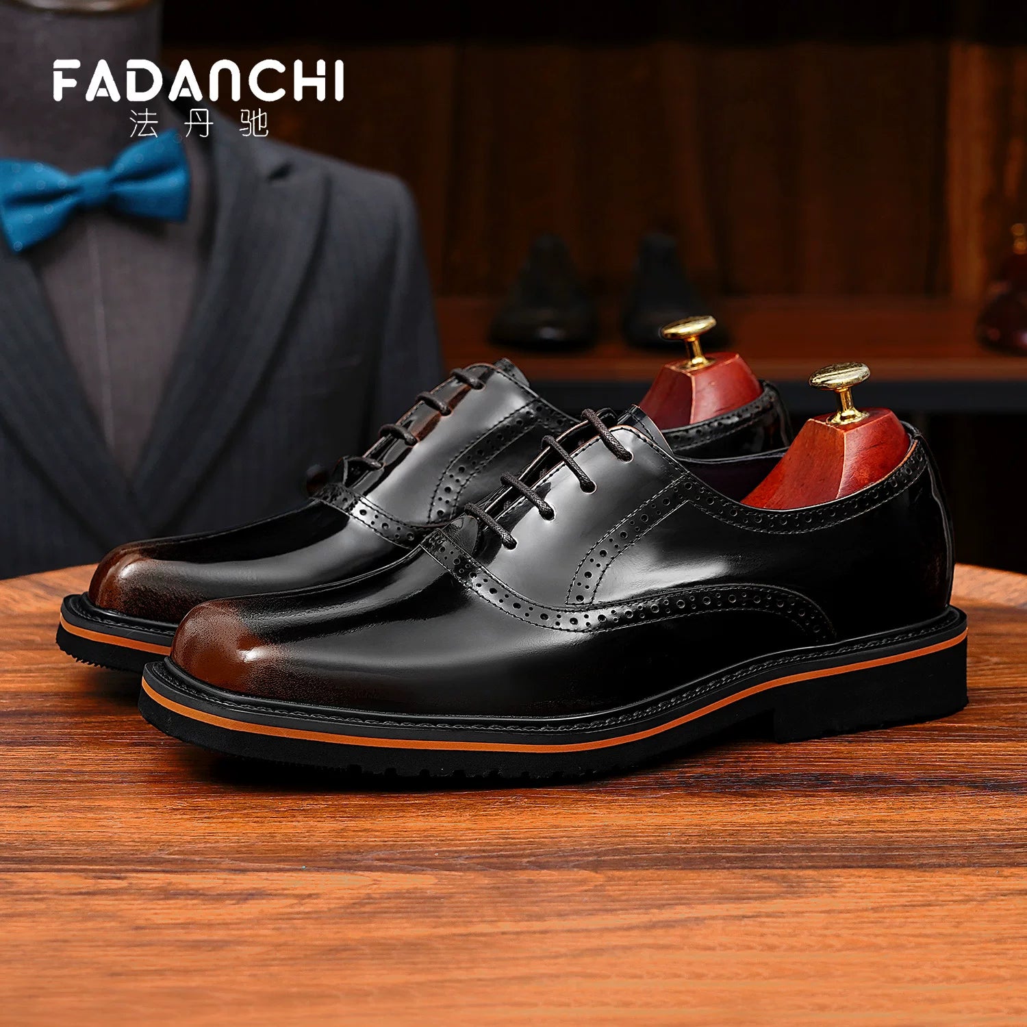 Men's Genuine Leather Oxford Shoes, Square Toe, Glossy