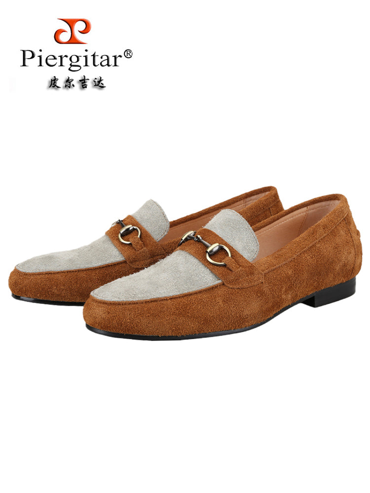 British style suede plush stitching men's slip-on loafers classic bronze horse shackle smoking shoes for men