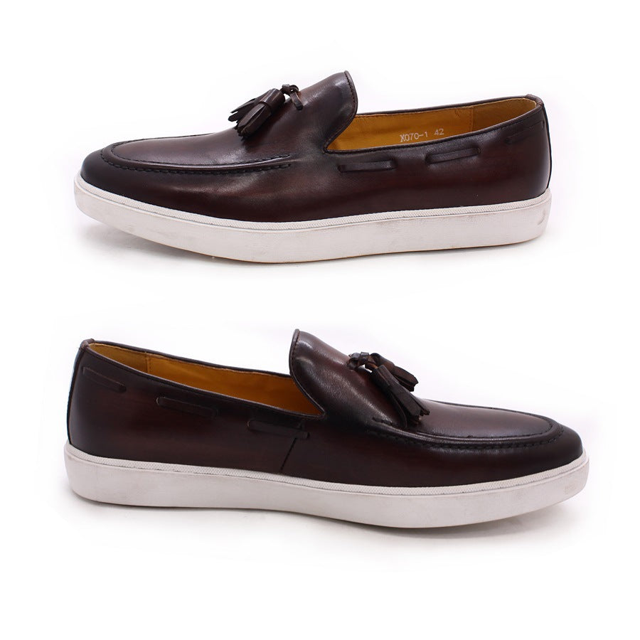 Summer Leather Shoes Men's Casual Leather Shoes Leather Breathable Men's Tassel Loafers Slip-on Daily Flat Sneakers