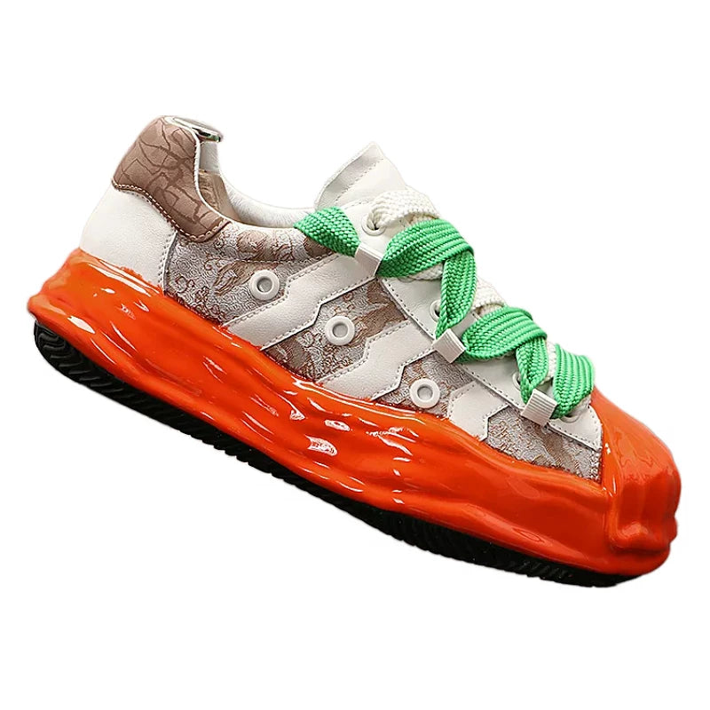 Men's Platform Low-Top Genuine Leather Korean Style Color-Block Skate Shoes
