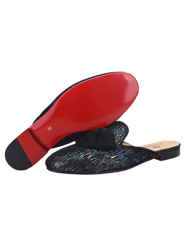 Piergitar summer breathable men's Mule slippers European and American style printed velvet tassel trendy slip-on shoes