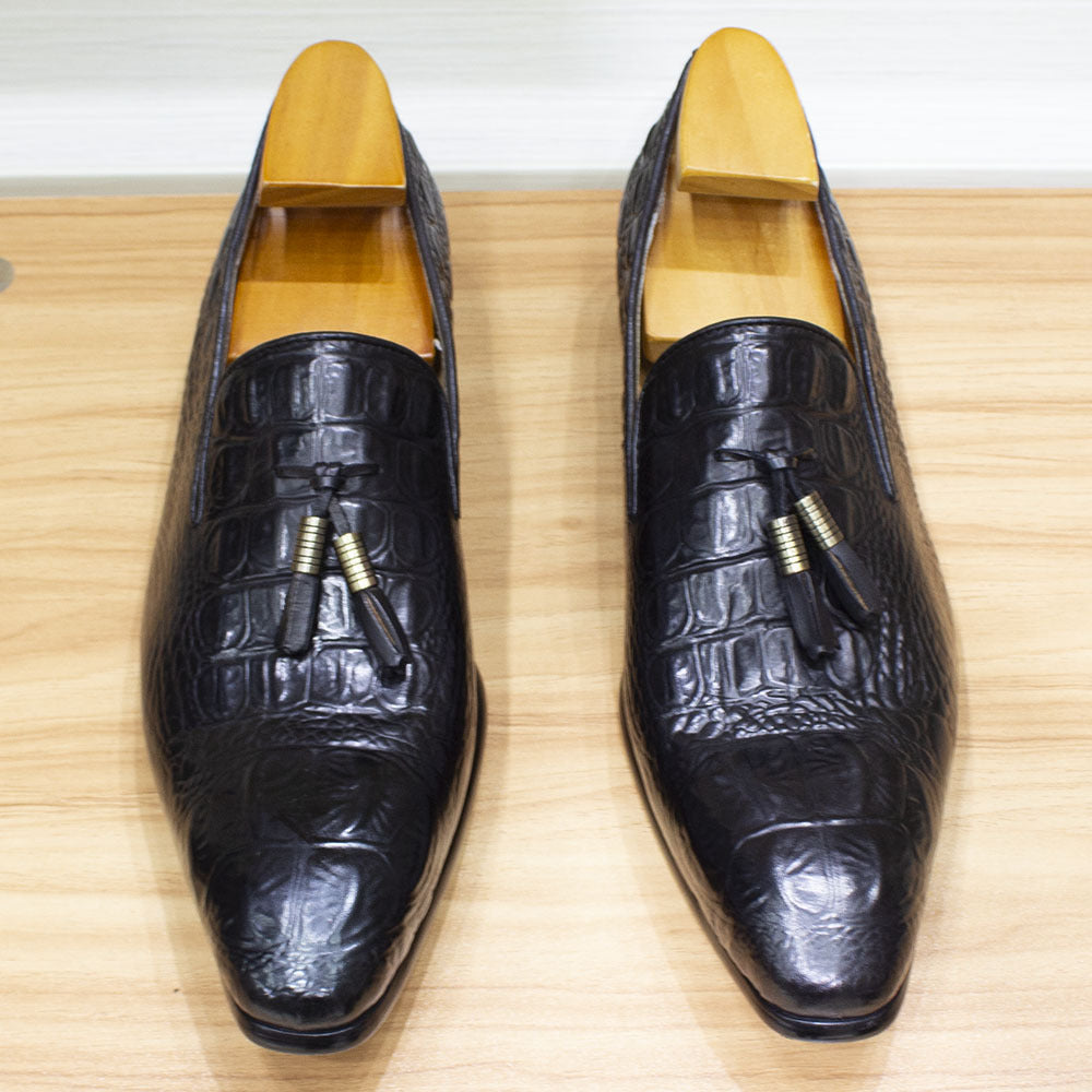 Italian Handmade Men's Business Casual Leather Shoes Pointed-Toe Authentic Leather Tassel Loafers Male Crocodile Pattern Fashionable Men's Shoes