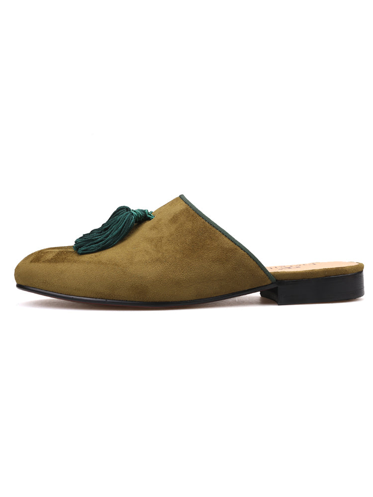 Summer new style European and American style slip-on tassel trendy slippers imported frosted velvet round mouth banquet loafers with leather lining
