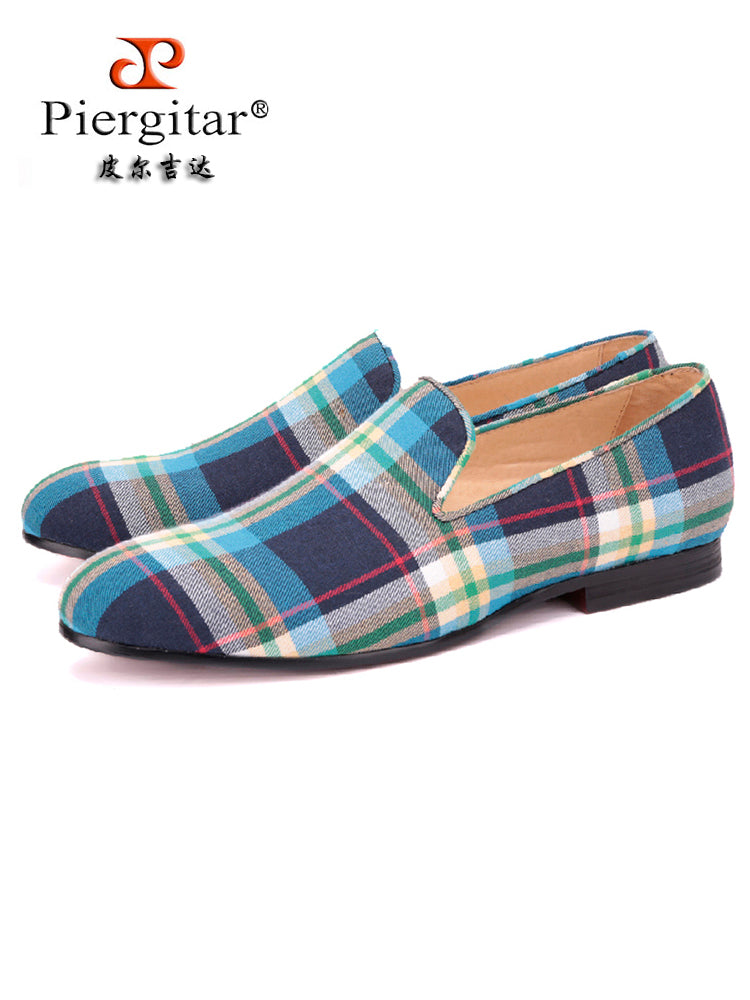 Men's leather-lined handmade loafers British small fresh plaid canvas shoes European and American smoking shoes