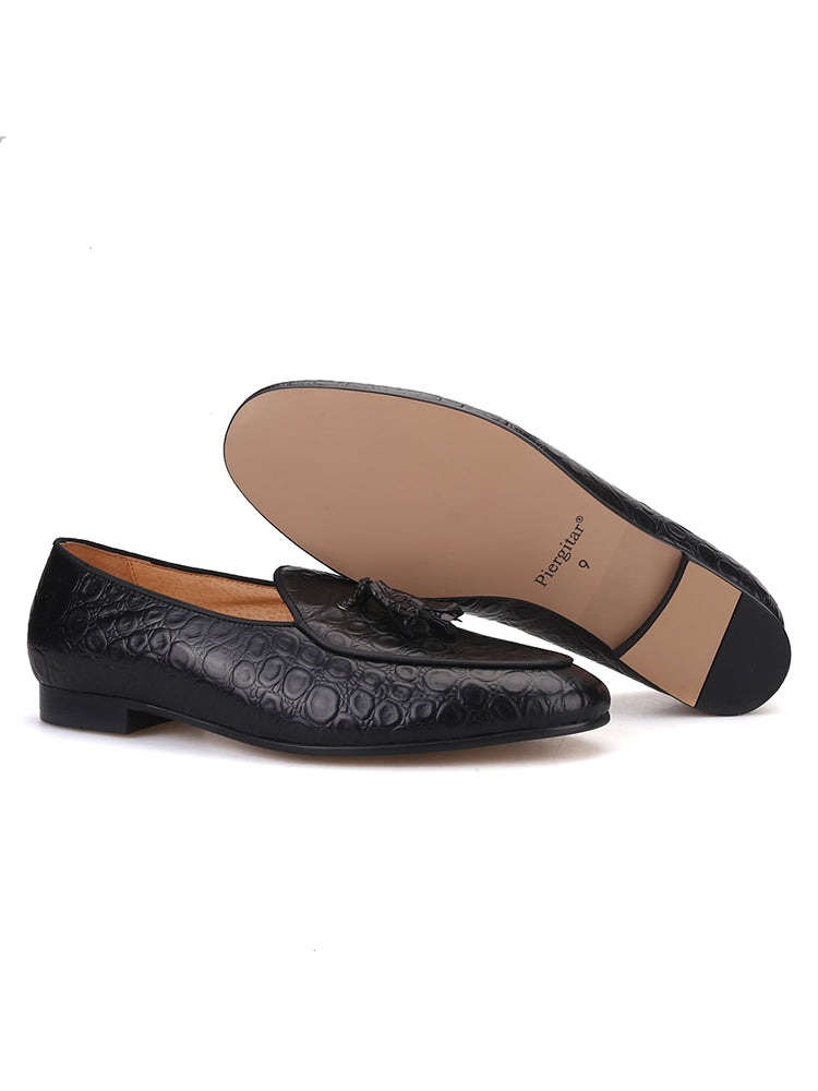 European and American style handmade custom black embossed cowhide trendy loafers party wedding banquet matching fringed formal shoes men
