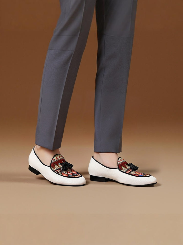 Italian design white canvas stitching ethnic knitted tassel loafers European and American style formal slip-on shoes