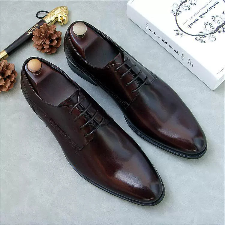Men's Genuine Leather Derby Shoes, Pointed Toe, Lace-Up