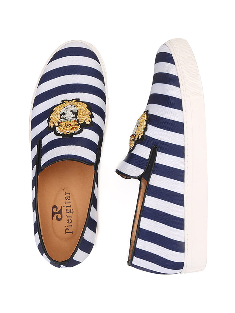 British navy style blue and white canvas slip-on loafers imported handmade Indian silk white thick-soled shoes for men