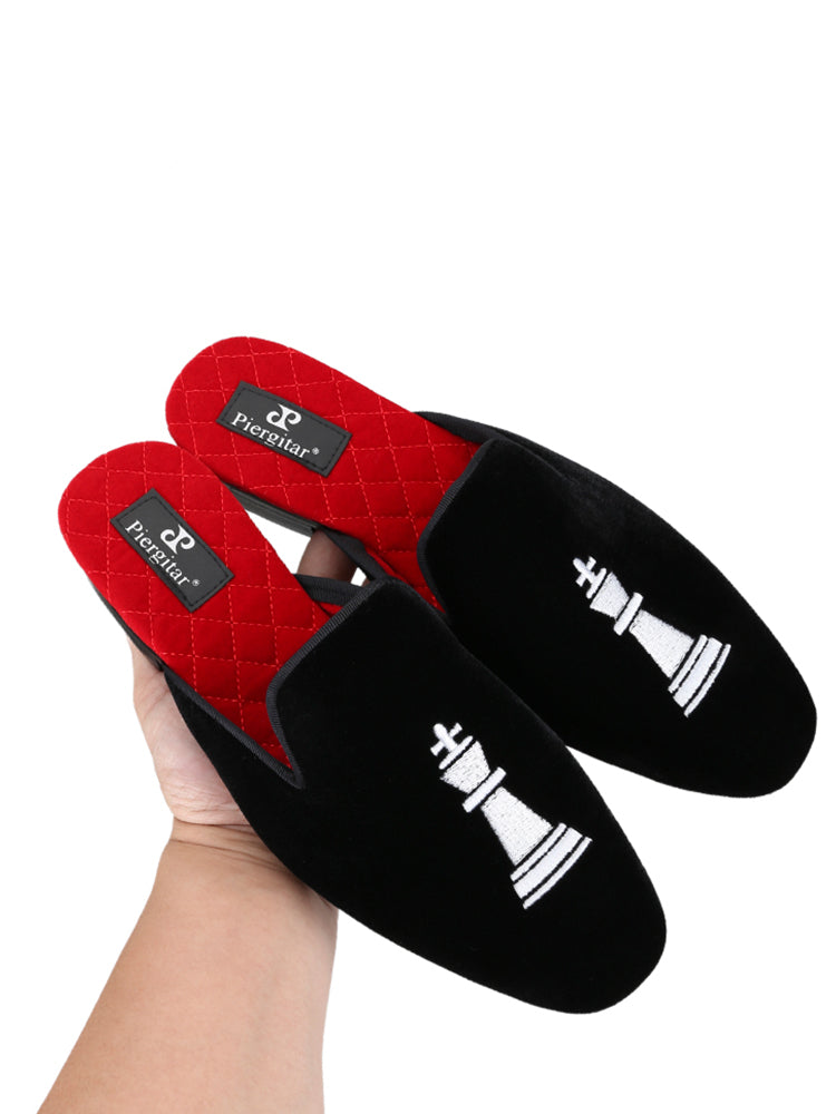 Summer new imported velvet men's Muller slippers European and American style chess hand-embroidered trendy slippers for men