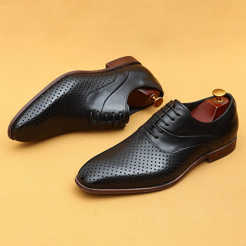 Men's Brown Genuine Leather Leather Shoes, Breathable, Cut-Out