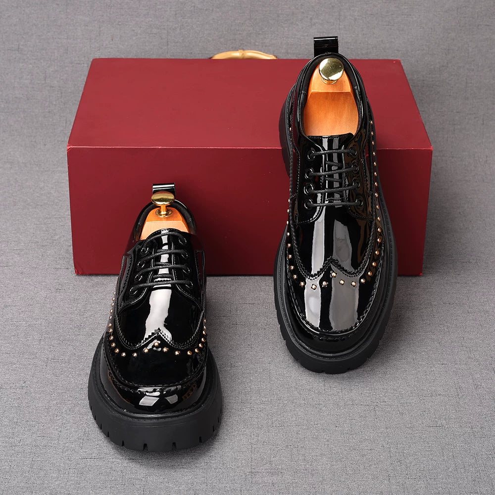 Men's Patent Leather Derby Shoes, Thick Sole, Round Toe
