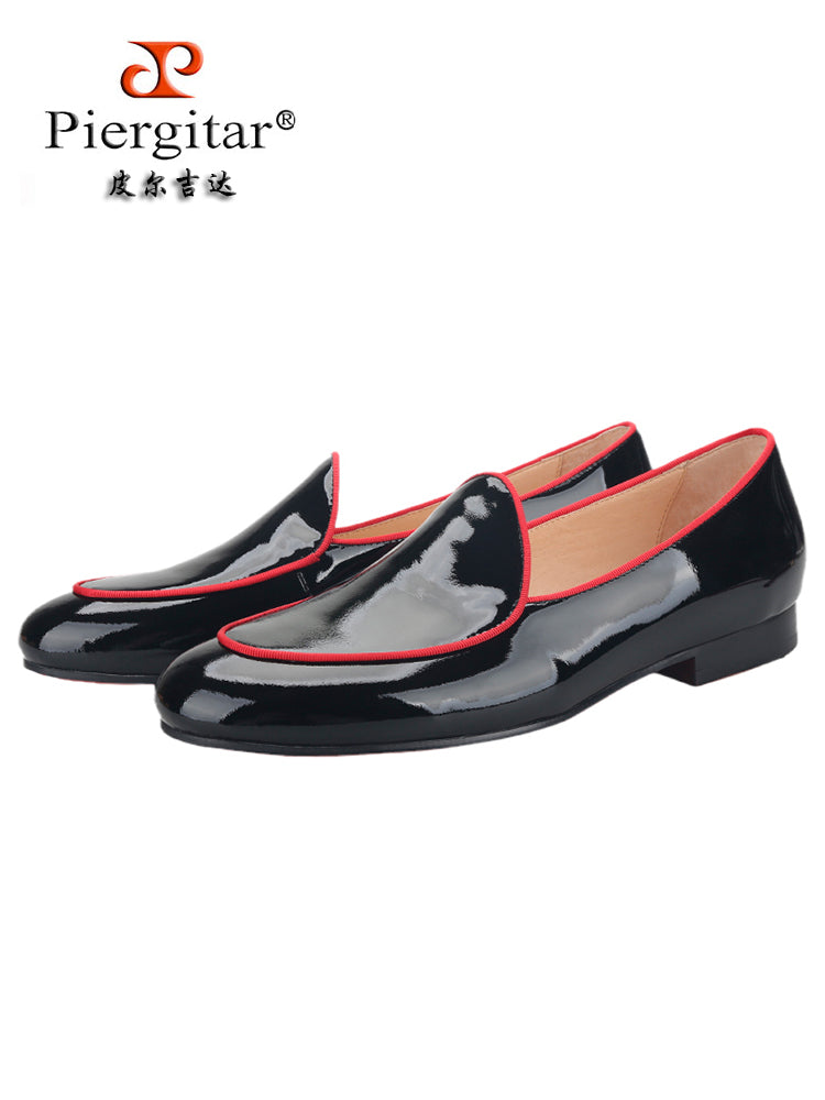 Classic British style Belgian loafers for men, black patent leather slip-on round toe yuppie shoes, breathable leather lining