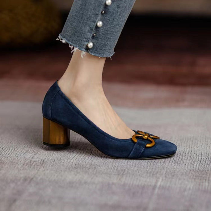 Blue square head shallow mouth single shoes for women New spring women's shoes in 2025 French high heels for women Frosted metal thick heels(P)