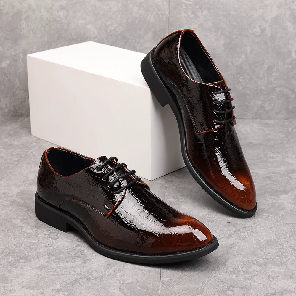 Men's Patent Leather Derby Shoes, Height Increasing, Pointed Toe