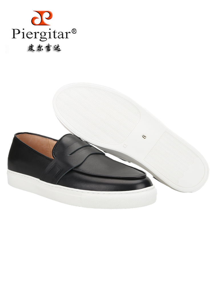 European and American style genuine leather slip-on men's casual sneakers pure imported tire cowhide hand-rubbed white thick-soled shoes for men